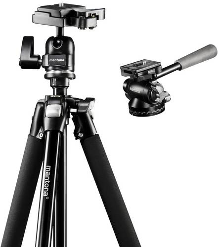 Mantona Dreibeinstativ 3/8 Zoll Arbeitshöhe=60 - 157cm Schwarz inkl. Tasche, 3D-Neiger, Kugelkopf