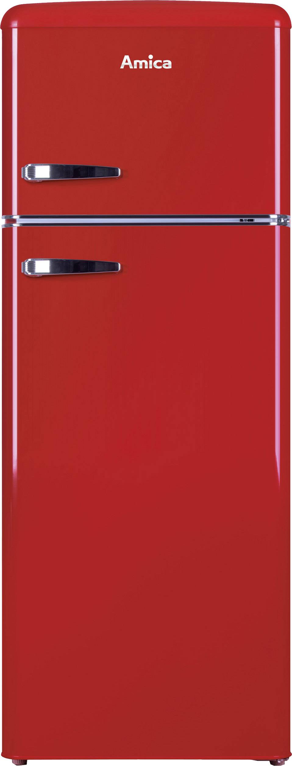 Ein roter zweitüriger Kühlschrank der Marke Amica im Retro-Design.