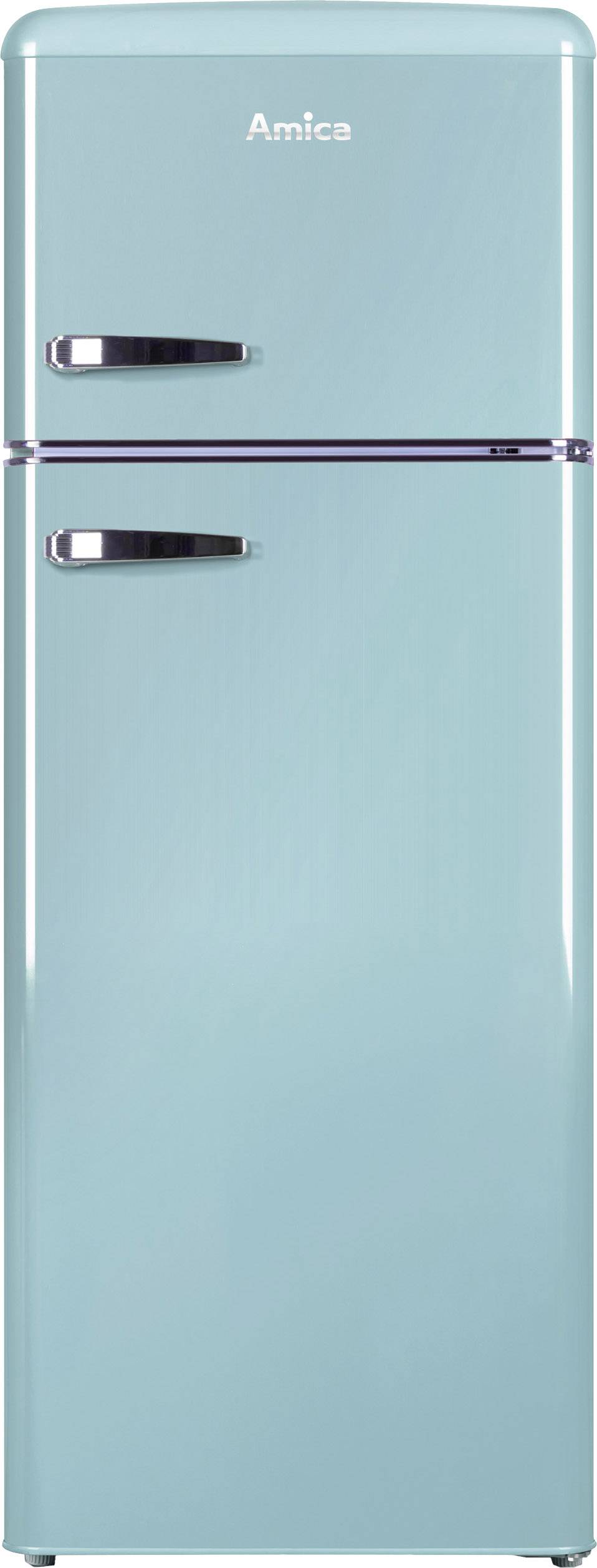 Kühlschrank in Retro-Design, türkisfarben, mit zwei Türbereichen. Oberer Bereich mit Gefrierfach, unterer Bereich als Kühlraum.