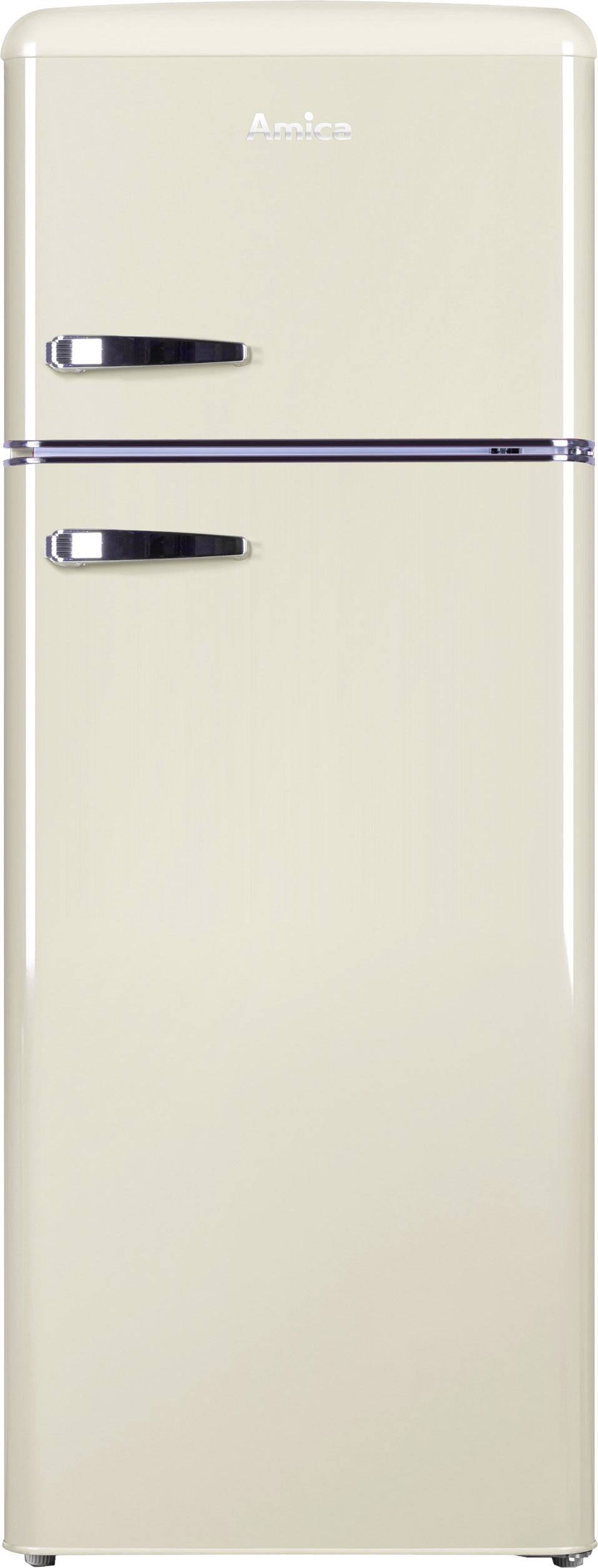 Beige Retro-Kühlschrank mit zwei Türen und verchromten Griffen, passend für stilvolle Kücheneinrichtungen.