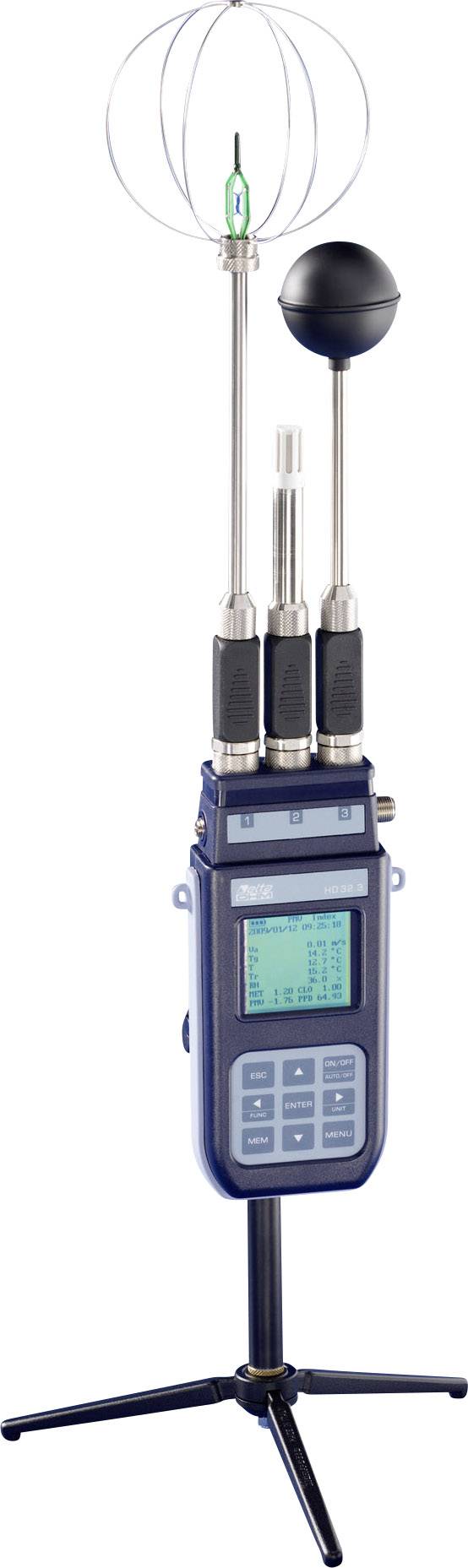 Ein tragbares Wettermessgerät mit Sensoren und Anzeige auf Stativ. Es misst Temperatur, Luftfeuchtigkeit und andere Wetterdaten.