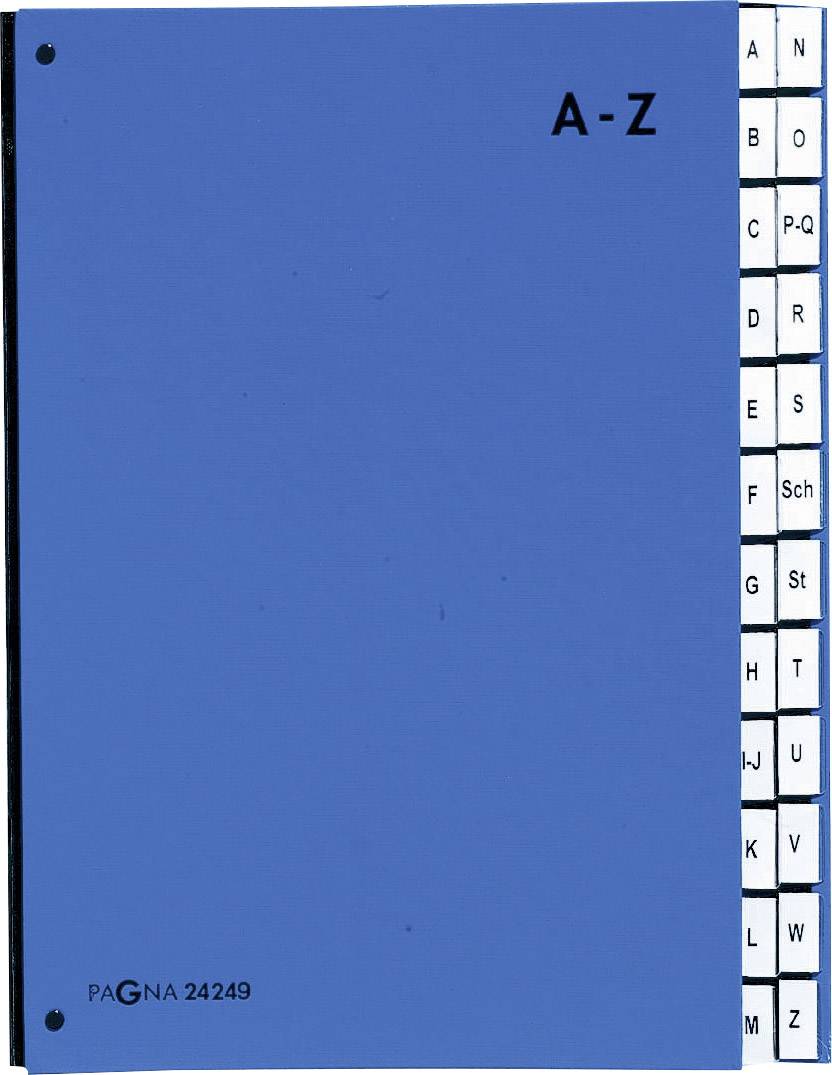 Blauer Ordner mit Register A-Z an der Seite zur alphabetischen Organisation von Dokumenten.