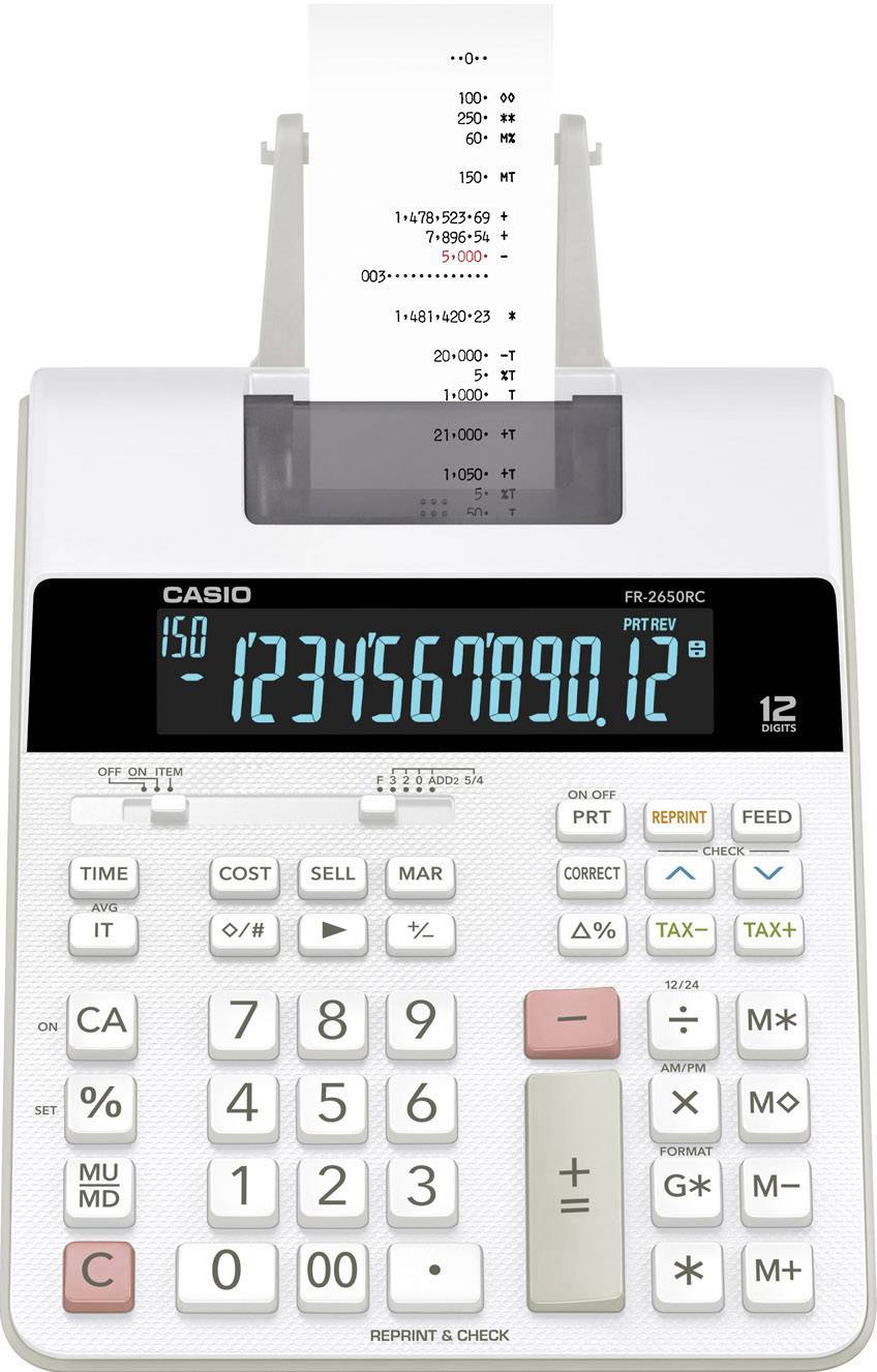Elektronischer Tischrechner mit Drucker. Das Display zeigt eine lange Zahl. Der Drucker gibt eine Quittung mit Berechnungen aus.