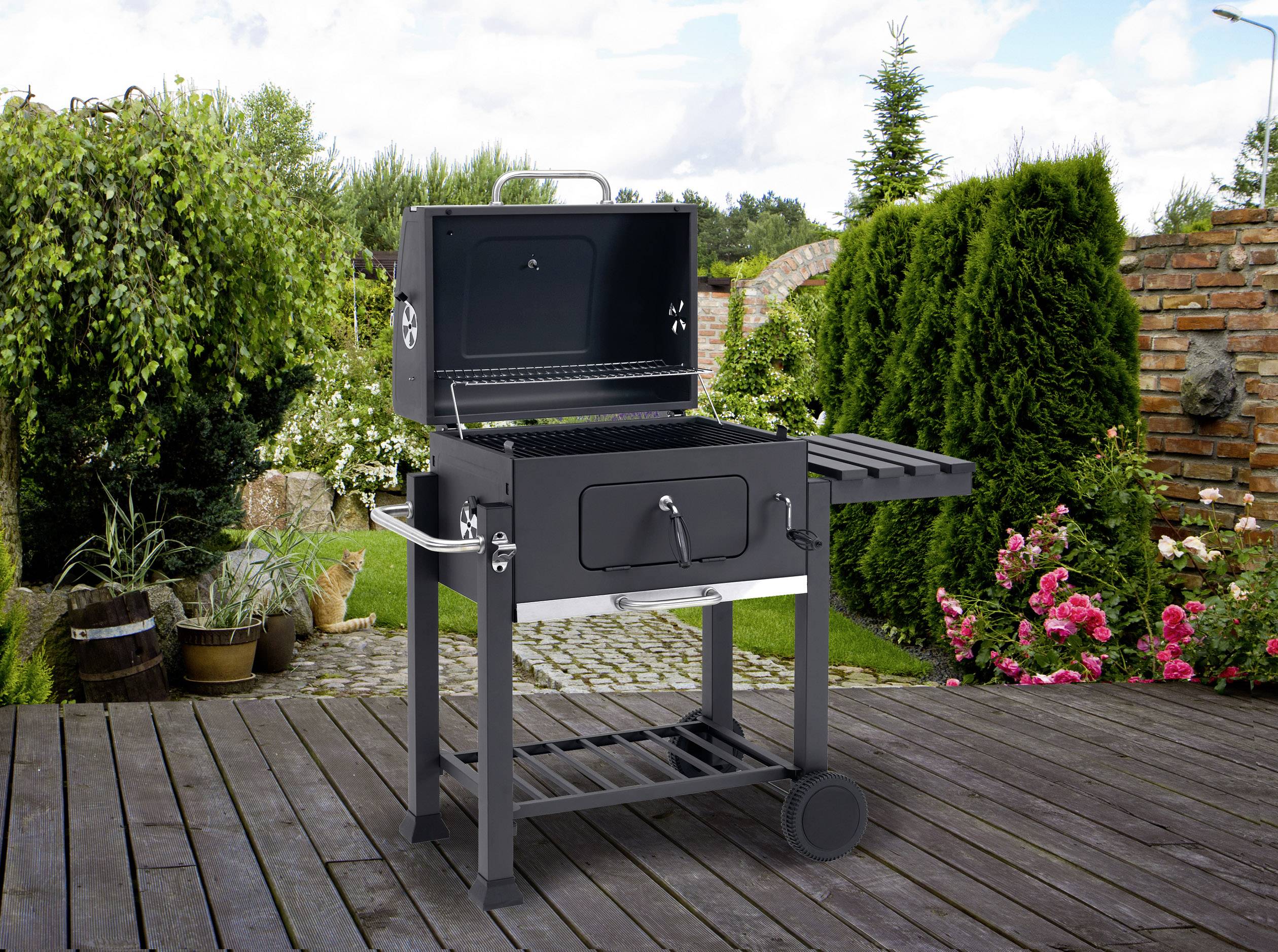 tepro Garten Toronto Click Grillwagen Holzkohle-Grill Thermometer im Deckel Schwarz, Edelstahl