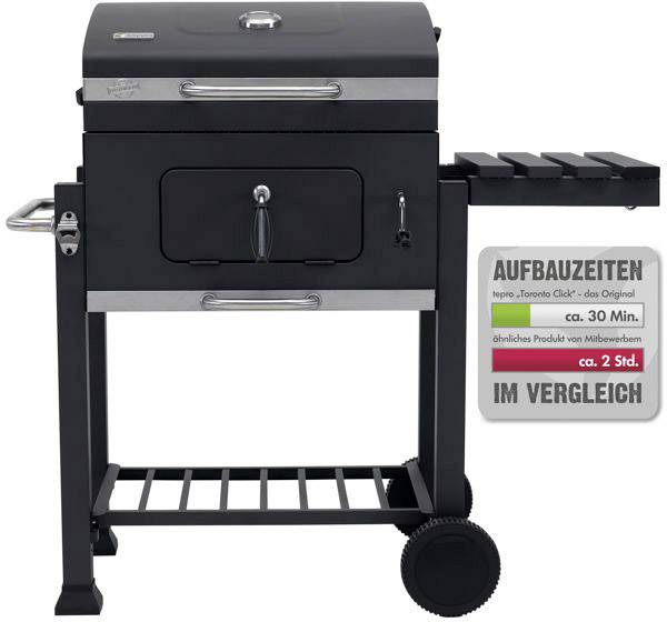 tepro Garten Toronto Click Grillwagen Holzkohle-Grill Thermometer im Deckel Schwarz, Edelstahl
