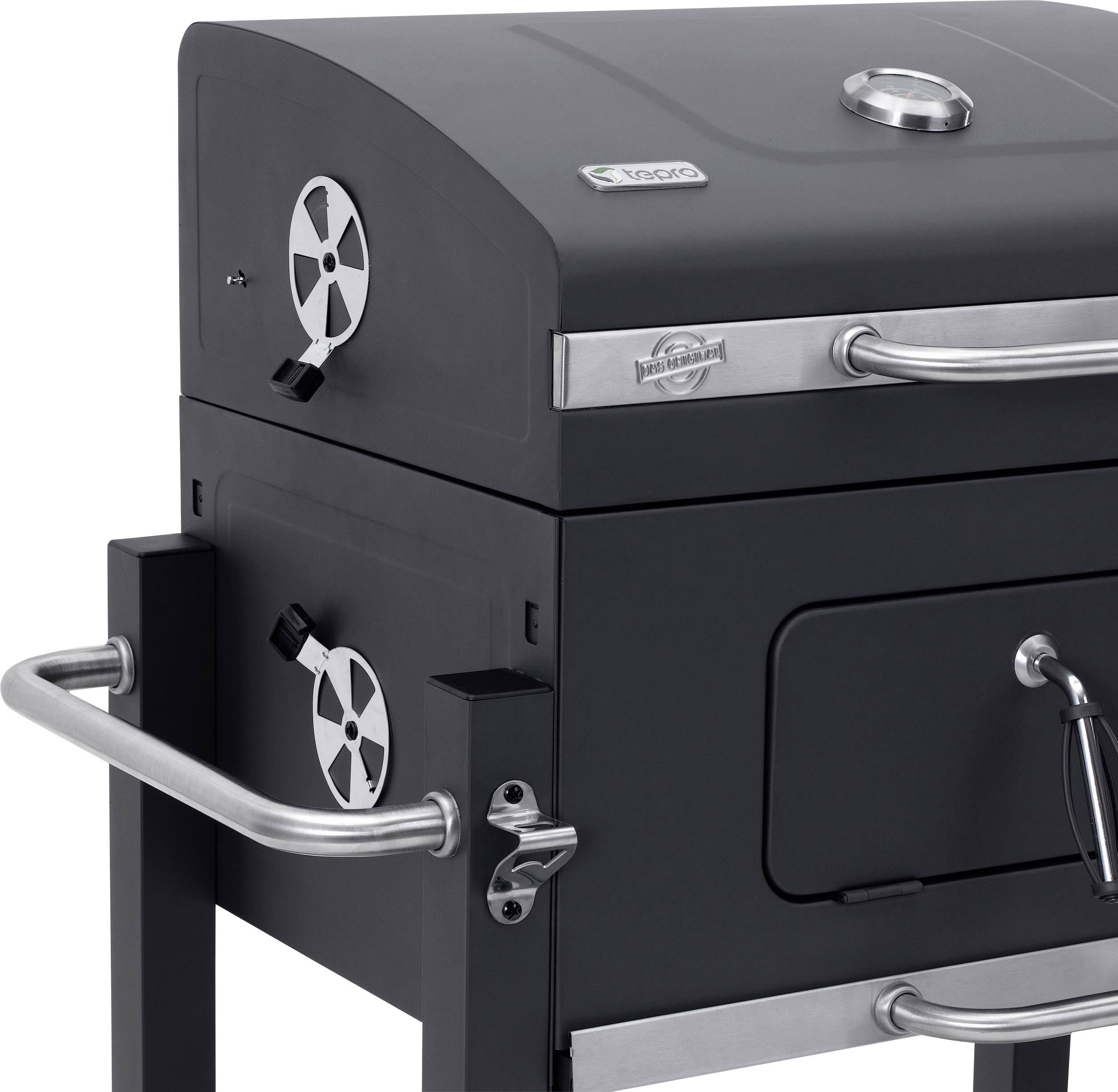 tepro Garten Toronto Click Grillwagen Holzkohle-Grill Thermometer im Deckel Schwarz, Edelstahl