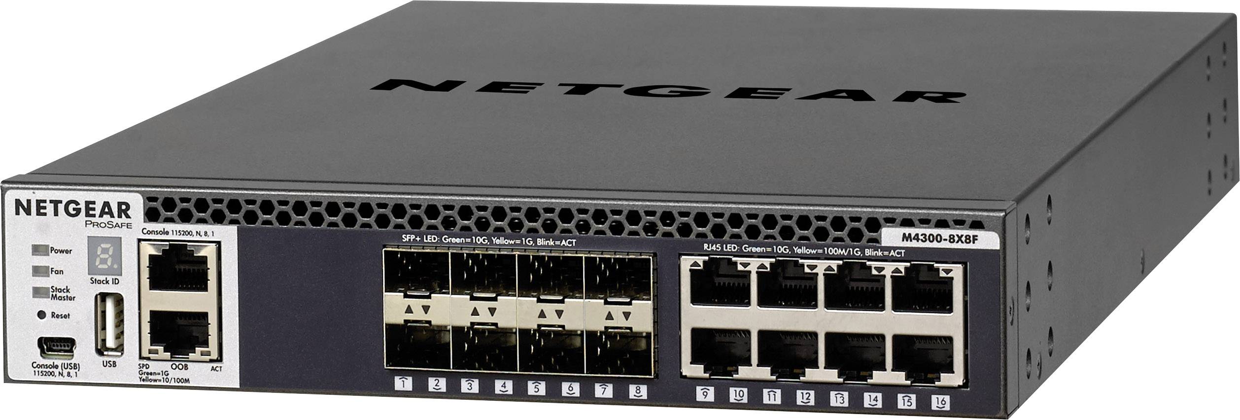 Ein grauer NETGEAR ProSafe M4300 Netzwerkswitch mit mehreren Ethernet- und SFP+-Anschlüssen auf der Vorderseite.