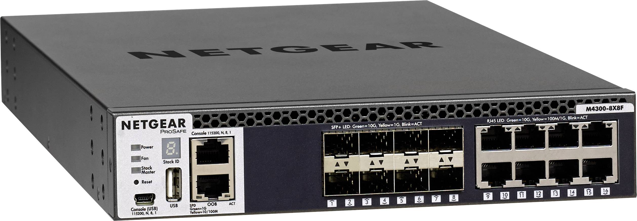Netzwerkswitch von Netgear mit verschiedenen Ethernet-Ports und LEDs zur Statusanzeige. Modellnummer: M4300-8X8F.