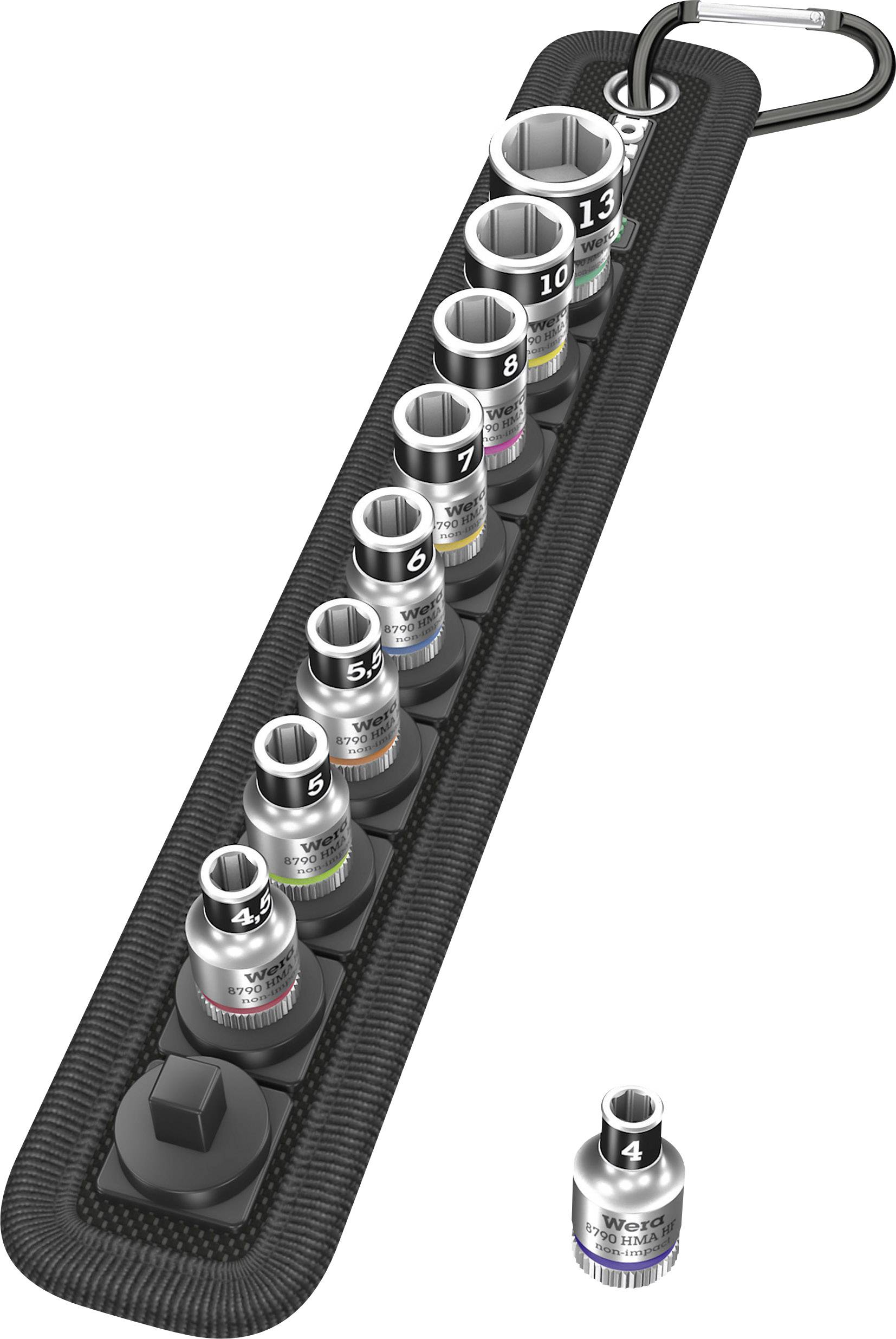 Satz von 13 magnetischen Schraubnüssen in verschiedenen Größen, angeordnet in einem Halter mit Karabinerclip. Jede Nuss hat eine farbige Markierung.