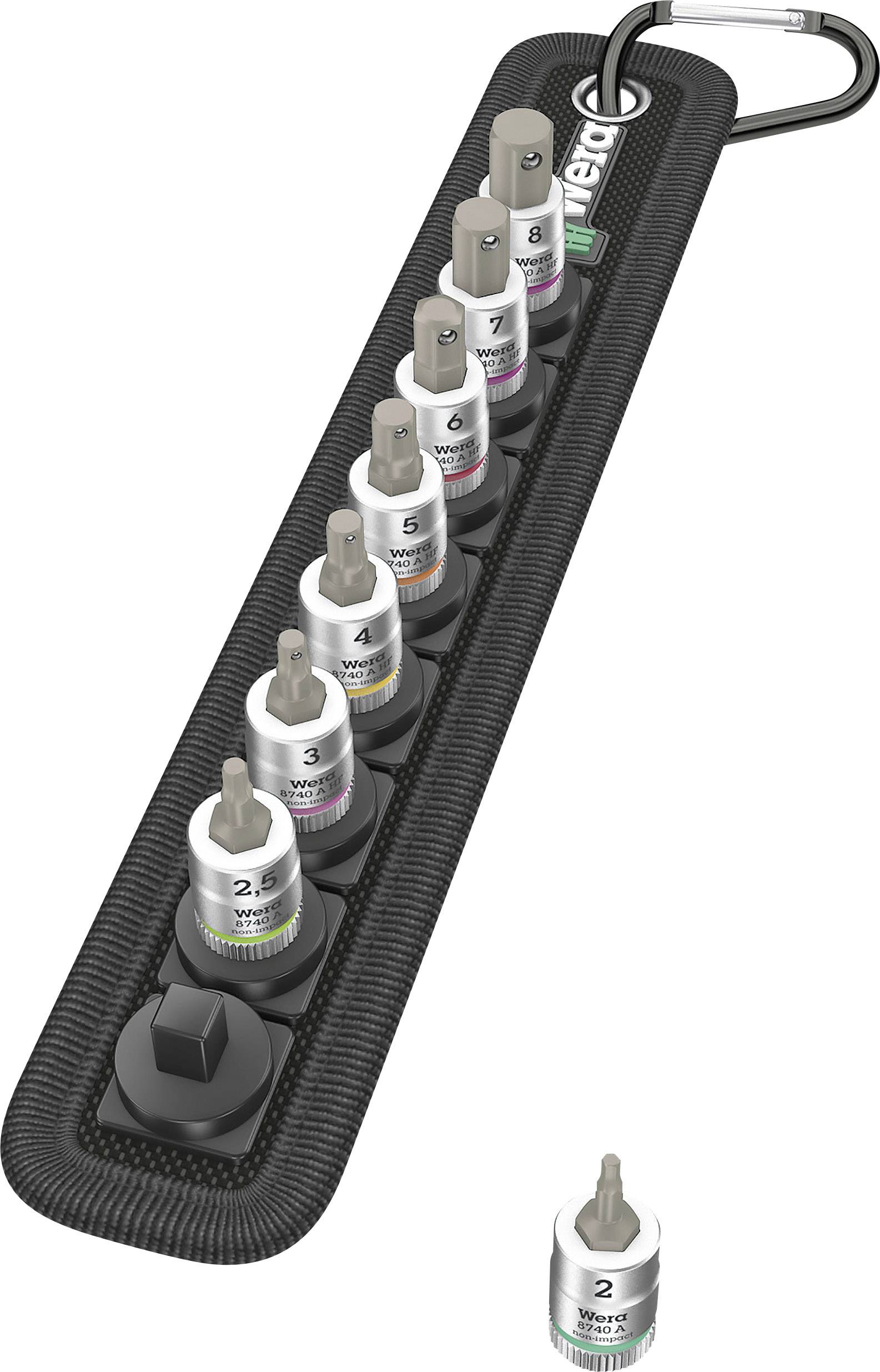 Eine Bit-Halterung mit mehreren Torx-Bits in verschiedenen Größen, nummeriert von 2 bis 8. Sie sind auf einem schwarzen Kunststoffstreifen angeordnet.