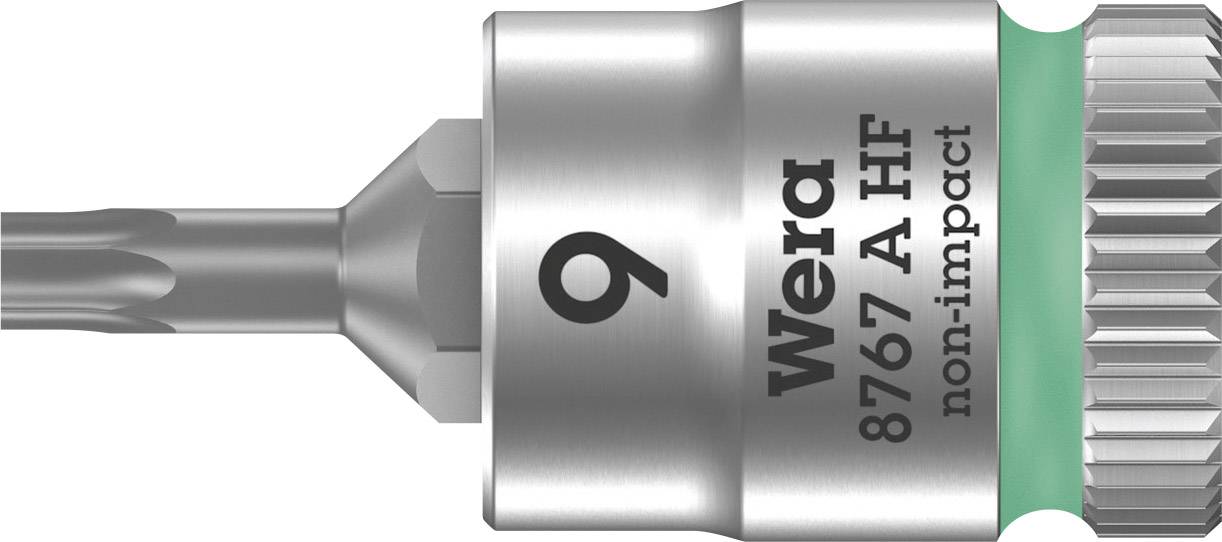 Bitschrauber von Wera, Typ 8767 A HF, mit 'non-impact'-Markierung, glänzend silbernes Finish, grün abgesetzt am Griffansatz.