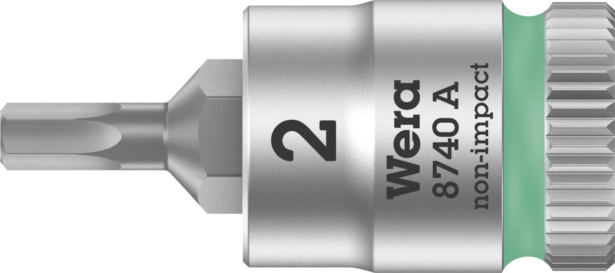 Bitsatz mit Torxprofil, Größe 2, Aufschrift 'Wera 8740 A non-impact', geeignet zum Schrauben. Silberner und grüner Farbton.