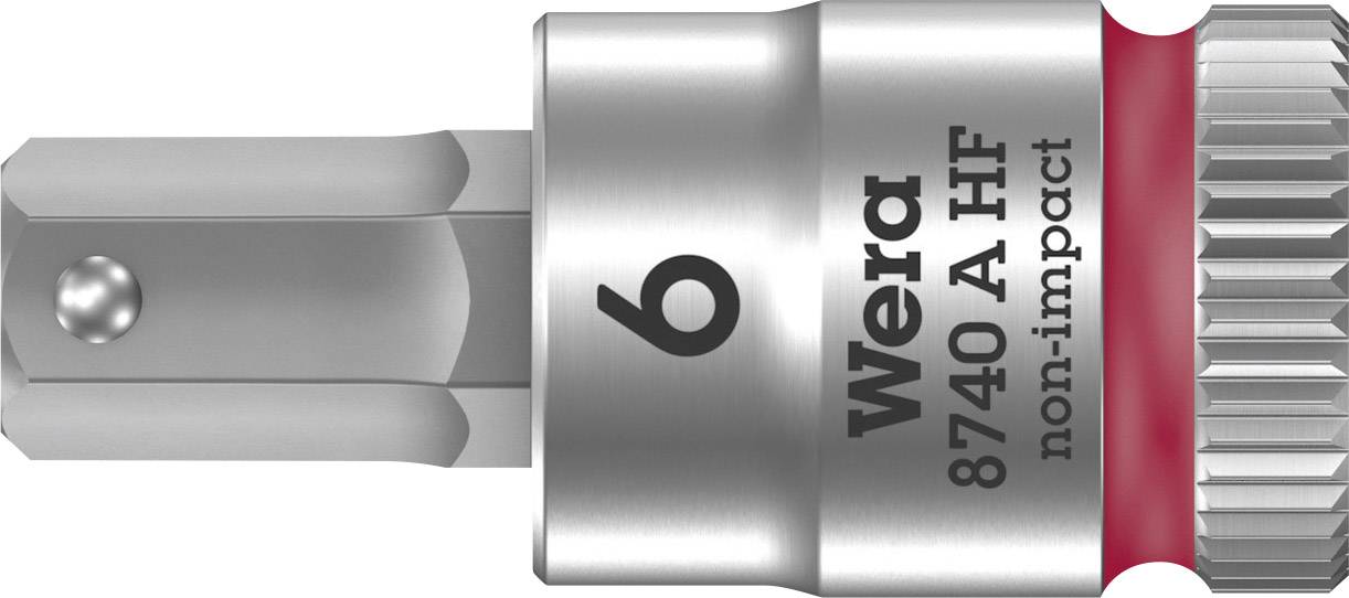 Metallischer Steckschlüsseleinsatz mit 'Wera' Logo, Größe 6, Modell 8740 A HF. Enthält rote Markierung und die Aufschrift 'non-impact'.