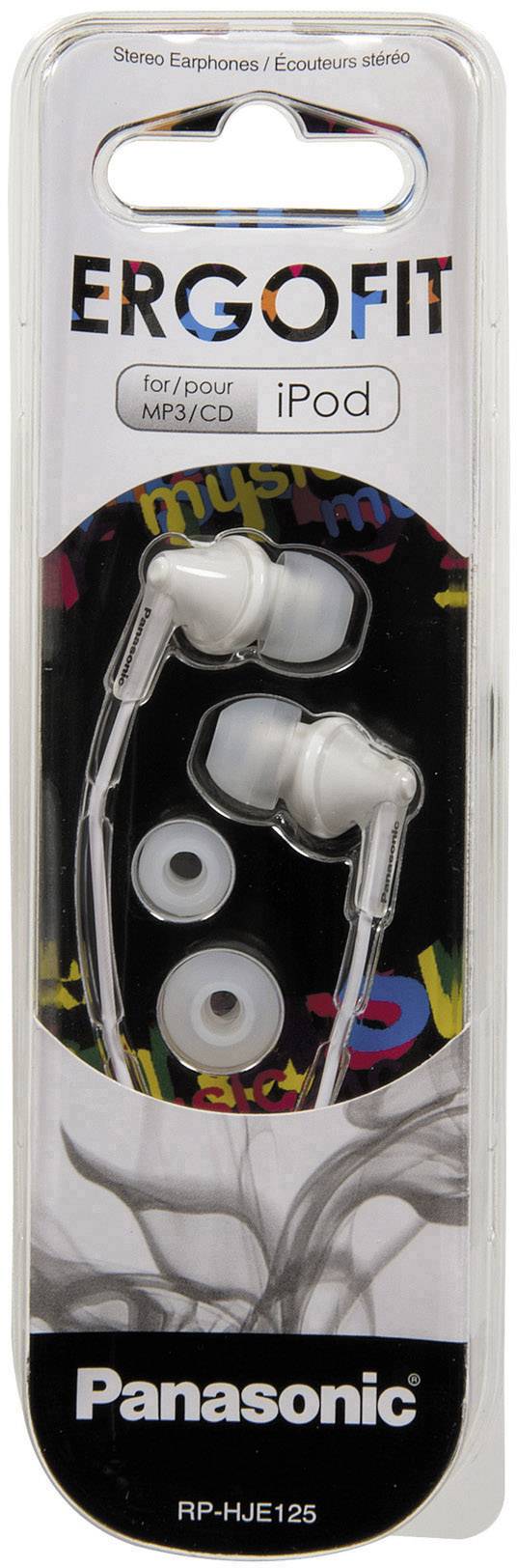 ERGOFIT iPod Stereo-Kopfhörer von Panasonic, geeignet für MP3/CD-Player. Enthält zwei Paar Ersatz-Ohrpolster, Modell RP-HJE125.
