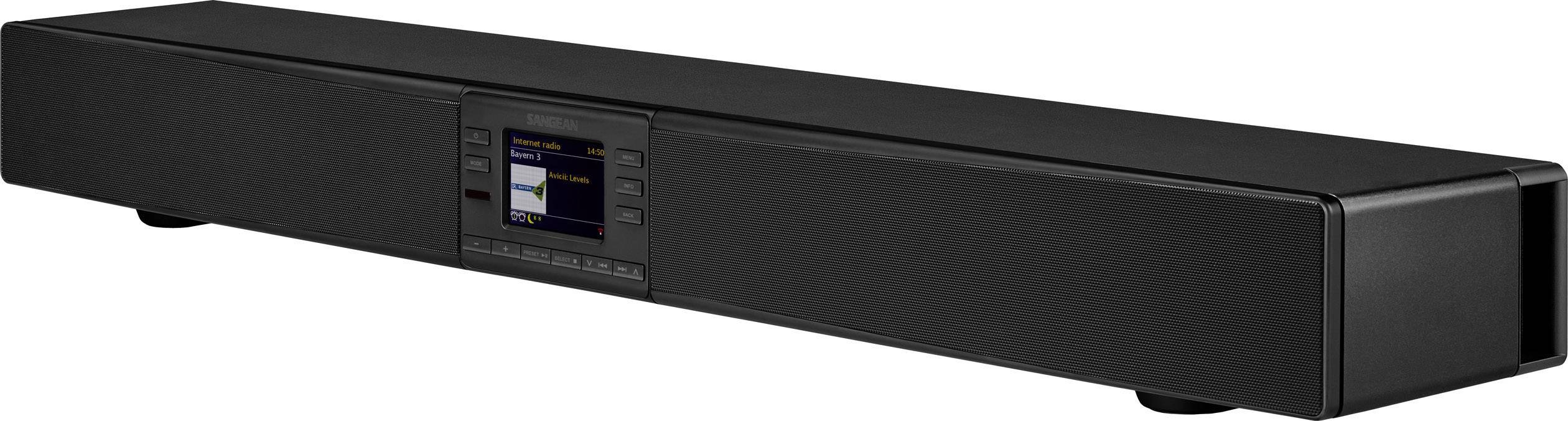 Schwarze Soundbar mit integriertem Display in der Mitte. Das Display zeigt verschiedene Optionen und Einstellungen für die Audioausgabe.