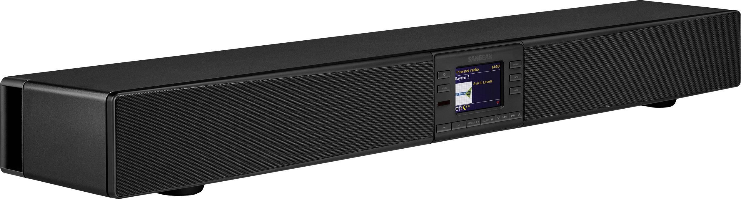 Schwarze Soundbar mit integriertem Display auf der Vorderseite, zeigt verschiedene Menüoptionen an.