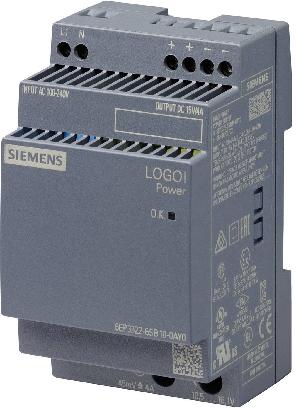 Ein grauer LOGO! Power-Modul von Siemens zur Hutschienenmontage, mit Eingangs- und Ausgangsanschlüssen für industrielle Anwendungen.