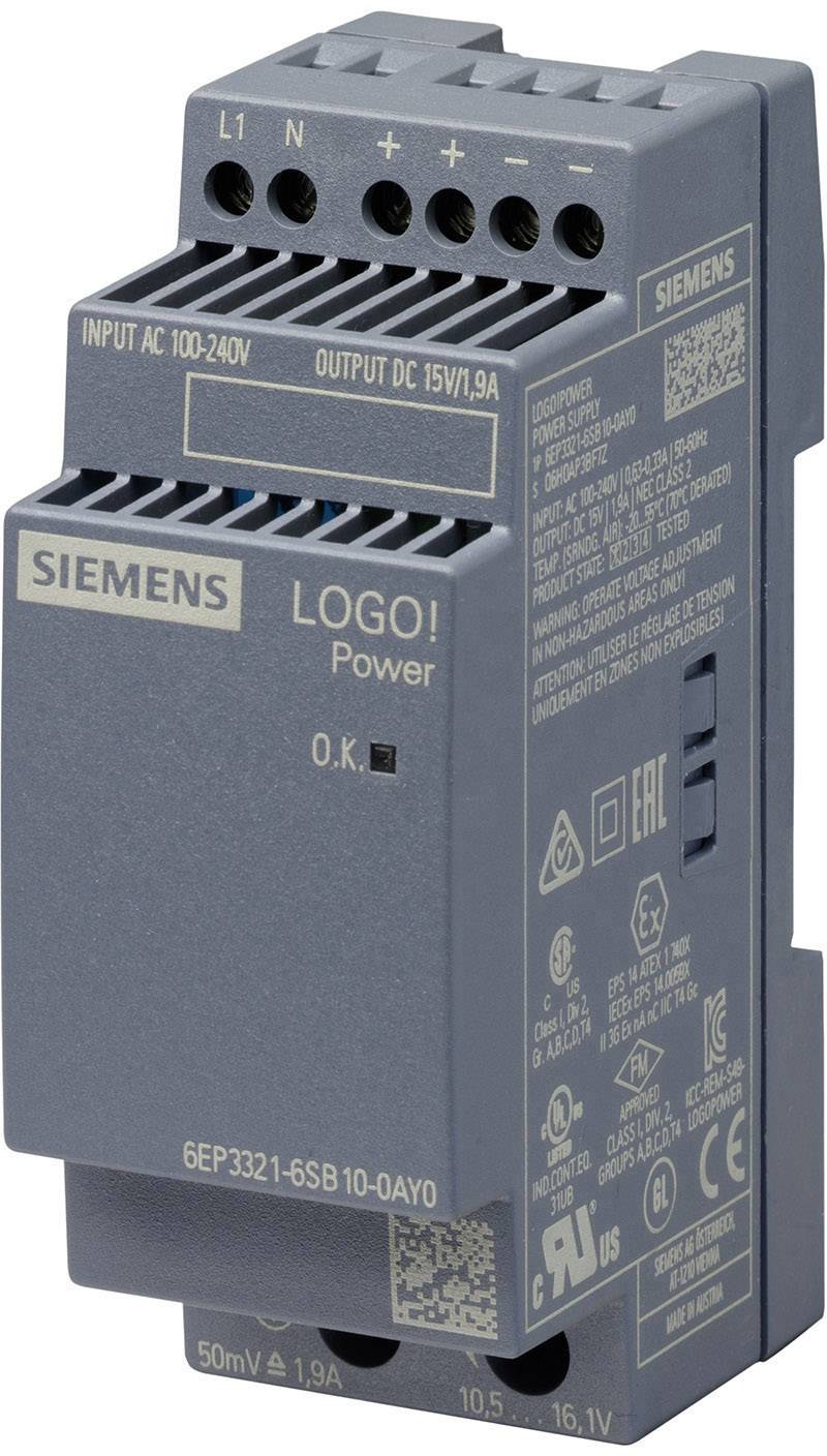 Industrie-Steuergerät mit der Aufschrift 'SIEMENS LOGO! Power'. Eingänge: AC 100-240V. Ausgänge: DC 15V/1,9A.