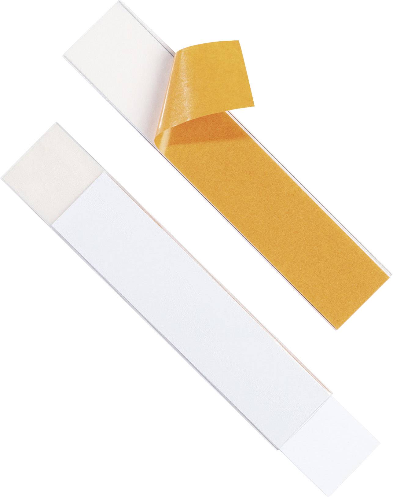 Zwei weiße Streifen, einer mit gelber Klebeschicht, teilweise abgezogen, auf neutralem Hintergrund.