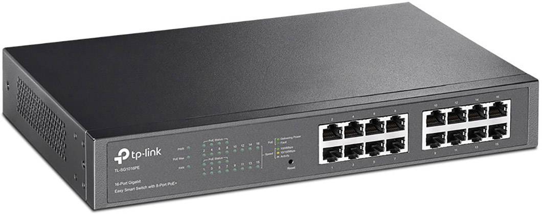 Ein Ethernet-Switch mit 16 Ports, geeignet für Netzwerkkonnektivität. Markenname und Modellnummer auf der Vorderseite sichtbar.