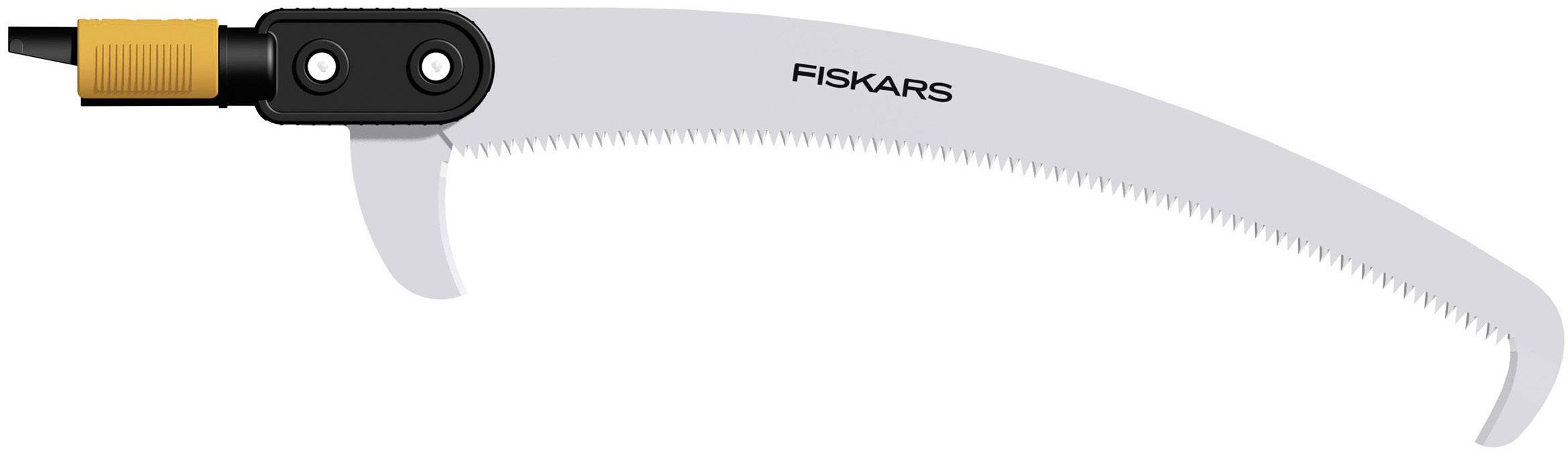 Baumsäge mit gebogener Klinge, schwarzem Griff und orangefarbenem Element, mit der Aufschrift 'Fiskars' auf der Klinge.