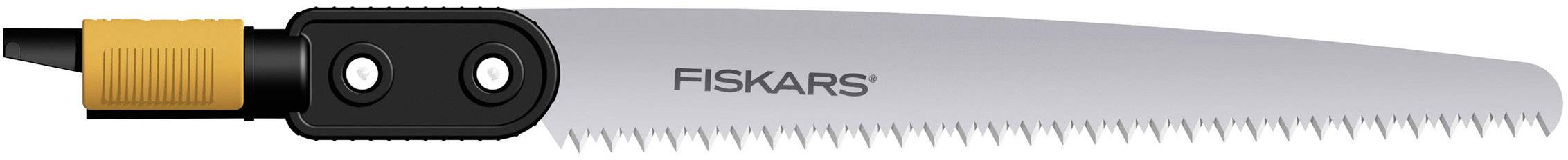 Handsägenblatt mit grauer Klinge und orange-schwarzem Griff, Markenname 'Fiskars' auf der Klinge sichtbar.