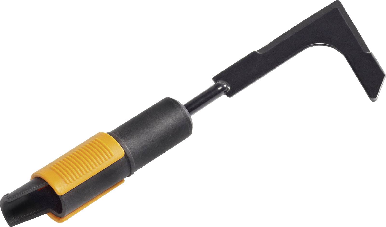 Ein Unkrautstecher mit schwarzem Metallhaken und orangefarbenem Griff, verwendet zum Entfernen von Unkraut in Gärten.