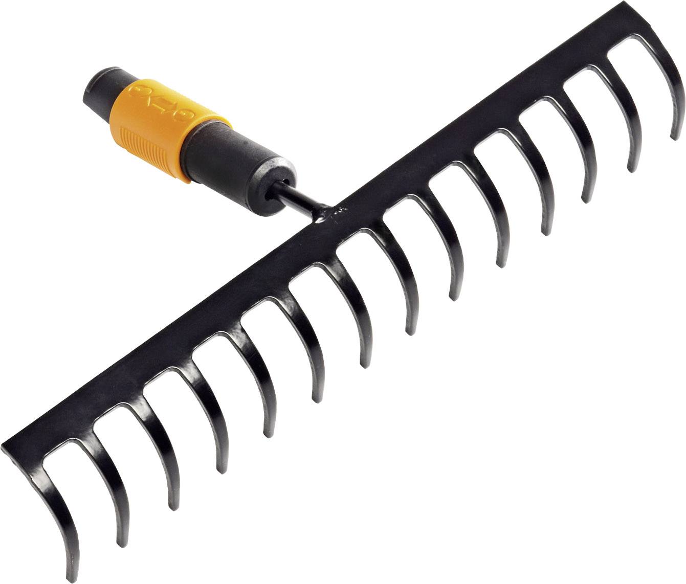Eine schwarze Harke mit orangefarbenem Griff zeigt Metallzinken, die nützlich zum Rechen von Blättern oder Erde sind.