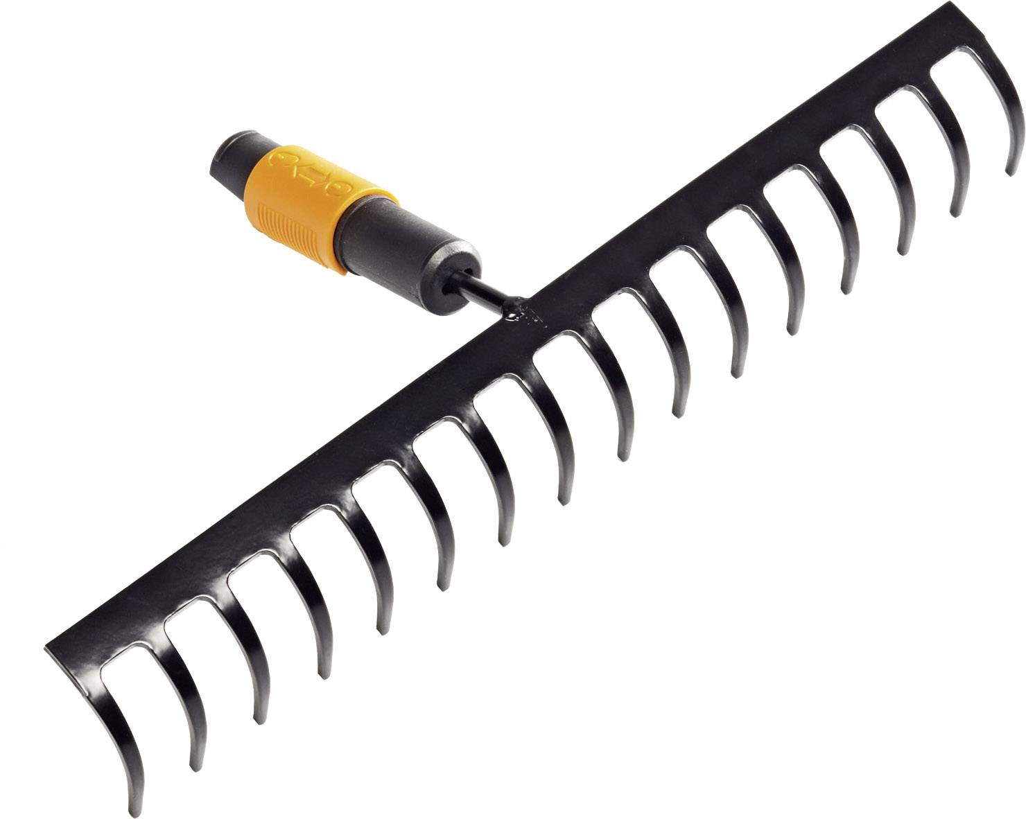 Ein schwarzer Rechen mit 14 gebogenen Zinken und orangefarbenem Griffadapter, geeignet für Gartenarbeiten wie Laub harken.