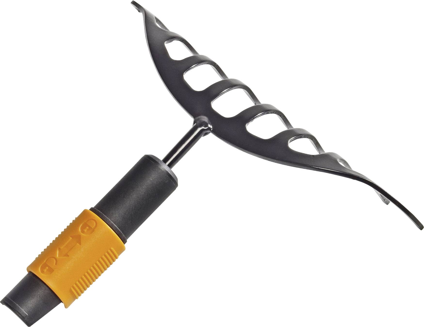 Schwarz-orangefarbener Rechenkopf mit ergonomischem Design, geeignet für Gartenarbeiten und Laubentfernung.