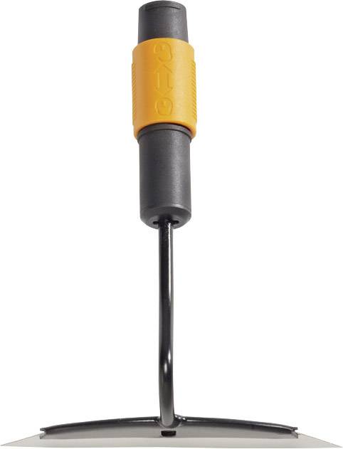 Ein kleines Handwerkzeug mit orangem Griff und schwarzem Metallkopf, verwendet zum Jäten und Lockern von Erde im Gartenbau.