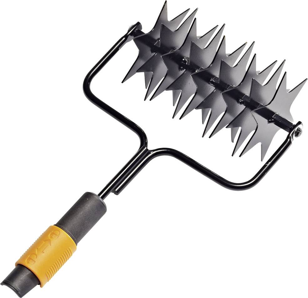 Ein Rasenlüfter mit sternförmigen Rädern und einem Griff. Er dient zur Belüftung und Verbesserung der Bodendurchlässigkeit im Garten.