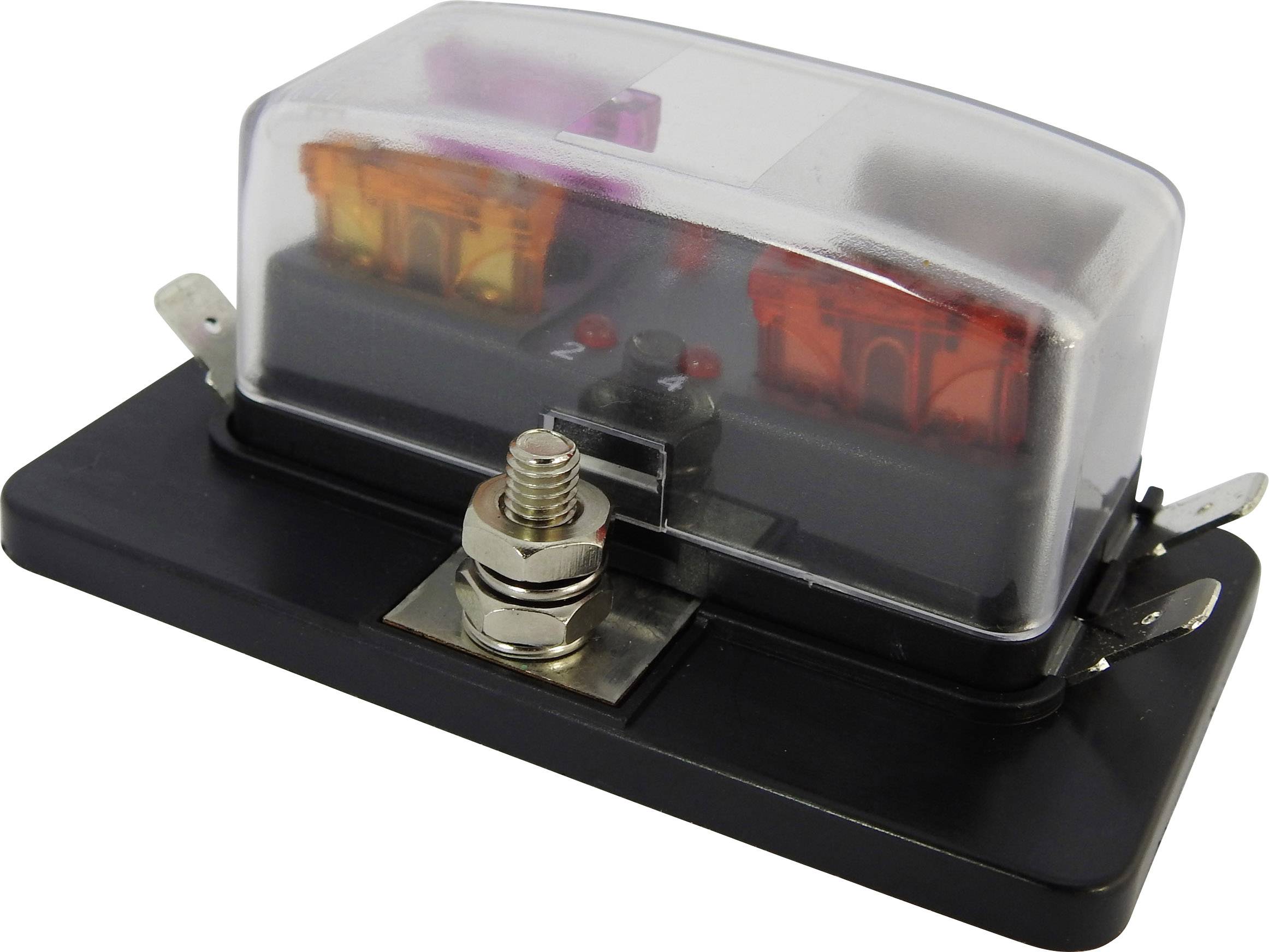 Sicherungsblock mit transparentem Deckel, zwei Sicherungen erkennbar, zwei Anschlüsse an der Seite. Wird zur Stromverteilung verwendet.