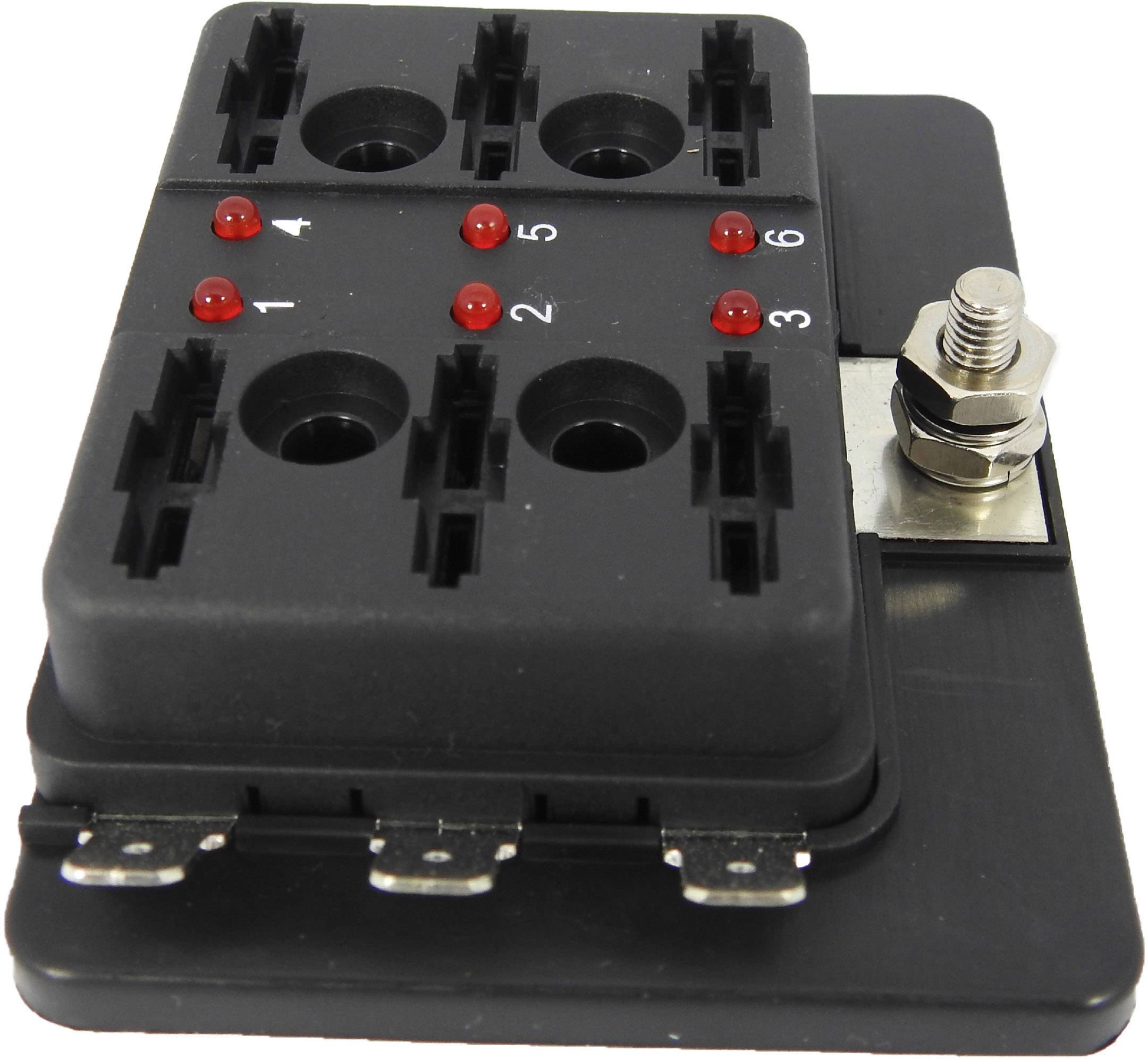 Schwarzes Sicherungsblockgehäuse mit sechs Steckplätzen, nummeriert von 1 bis 6. Rote LEDs zeigen den Status der jeweiligen Sicherung an.