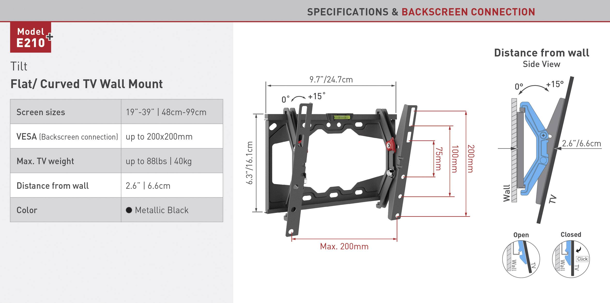 Barkan E210+ TV-Wandhalterung 48,3 cm (19") - 99,1 cm (39") Neigbar Geeignet für Curved-TV's, Integrierte Wasserwaage