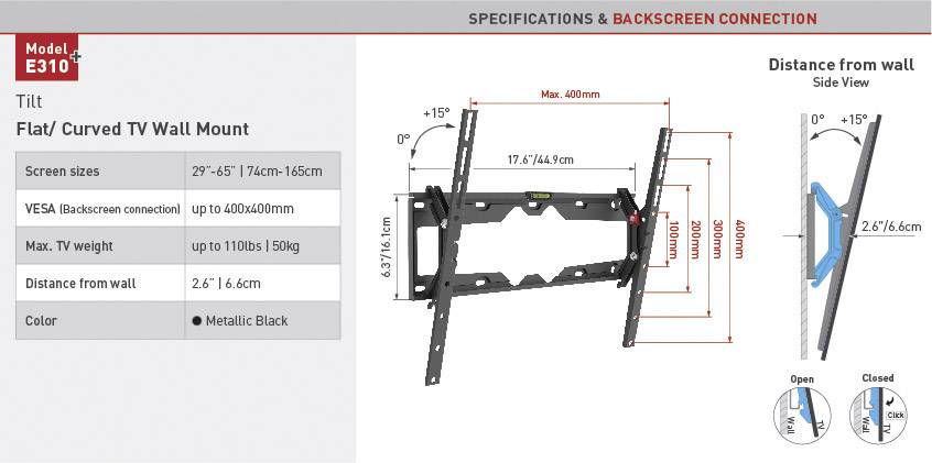 Barkan E310+ TV-Wandhalterung 73,7cm (29") - 165,1cm (65") Neigbar
