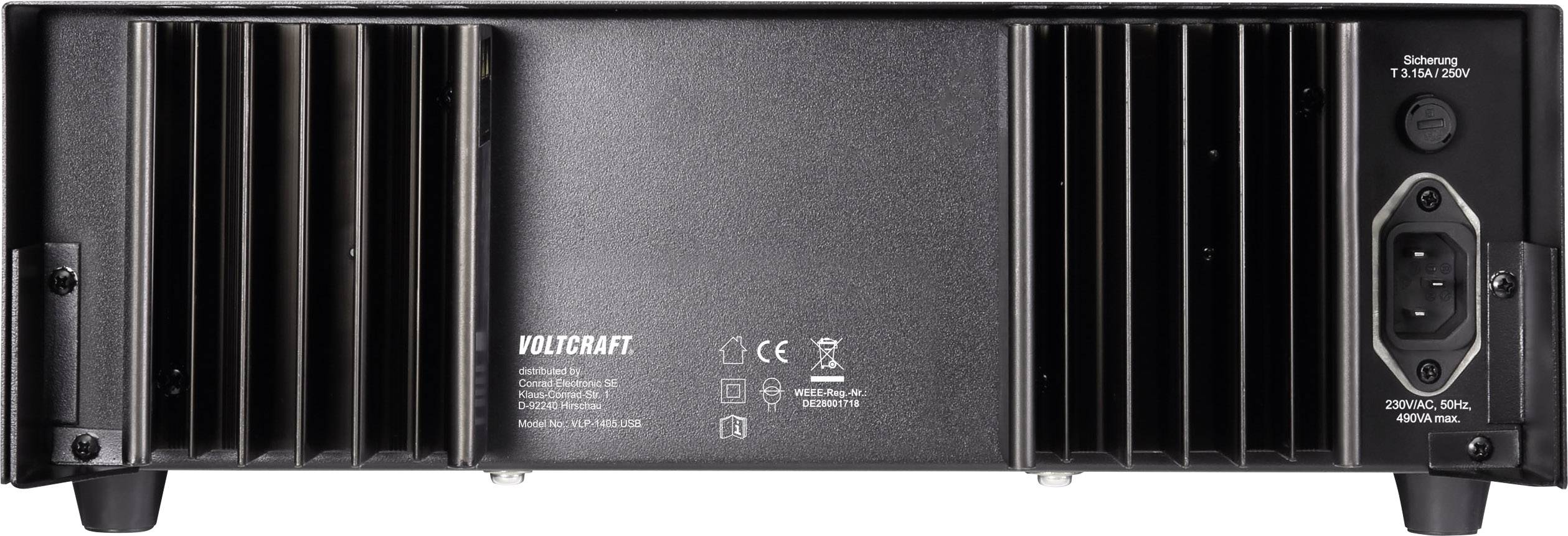 Rückansicht eines Voltcraft-Geräts. Sichtbar sind Lüftungsschlitze links und rechts sowie ein Stromanschluss und Beschriftungen.