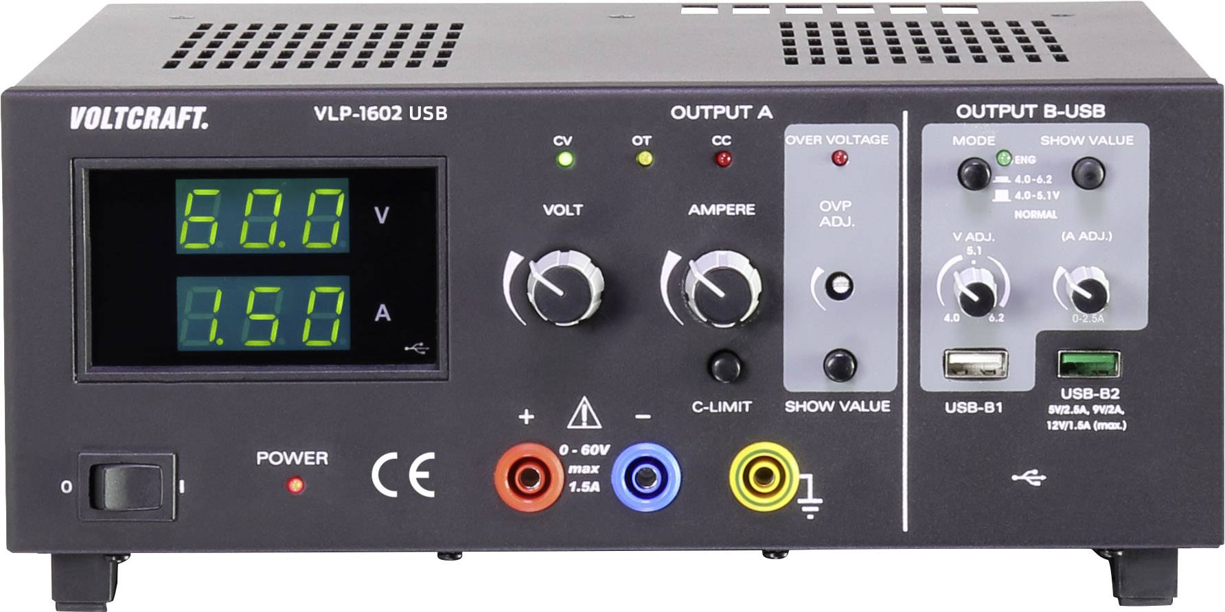 VOLTCRAFT VLP-1602 USB Labornetzgerät, einstellbar kalibriert (ISO) 0 - 60V 0.01 - 1.5A 123W OVP Anzahl Ausgänge 3 x