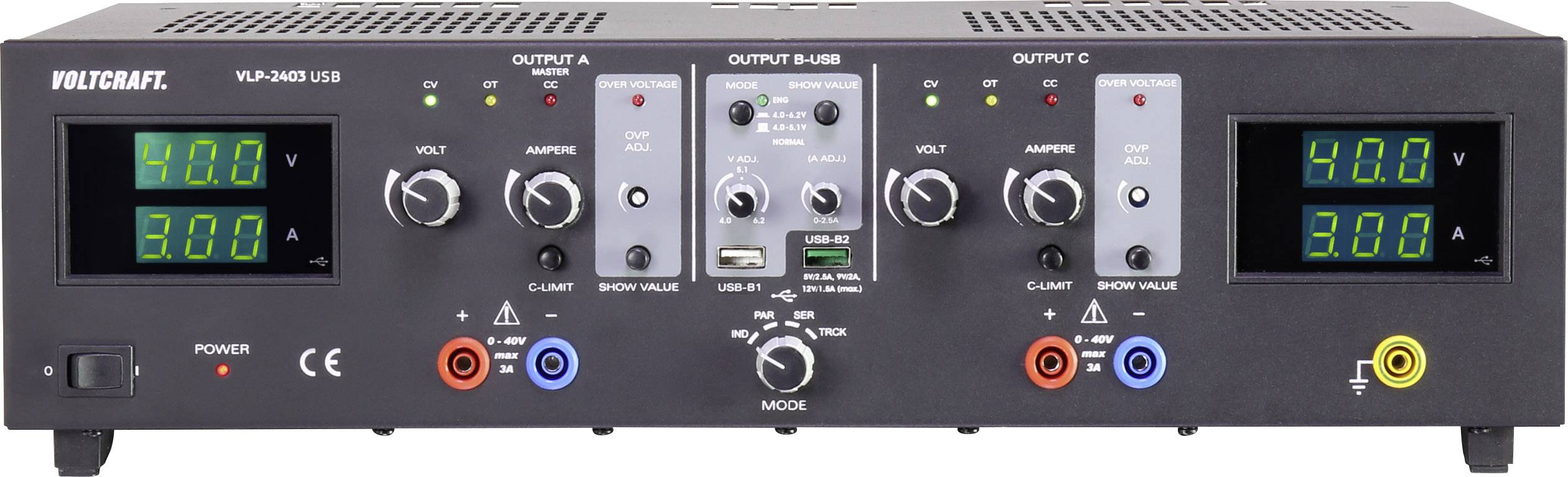 'VOLTCRAFT VLP-2403 USB' Labornetzgerät mit drei Ausgängen und digitalen Displays für Spannung (V) und Stromstärke (A).