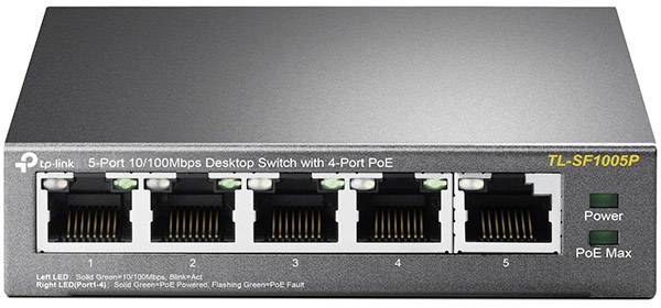 Ein 5-Port Desktop-Netzwerk-Switch von TP-Link, Modell TL-SF1005P, mit 10/100 Mbps-Geschwindigkeit und 4 PoE-Ports für Netzwerkanwendungen.