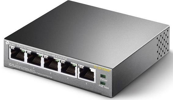 Ein 5-Port-Desktop-Switch von TP-Link mit 4 PoE-Ports, geeignet für Netzwerke mit PoE-Versorgung, im Metallgehäuse.