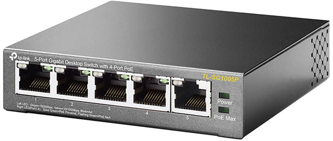 Fünf-Port-Gigabit-Desktop-Switch von TP-Link mit vier PoE-Ports. Vorderseite zeigt Netzwerkanschlüsse und Statusanzeigen.