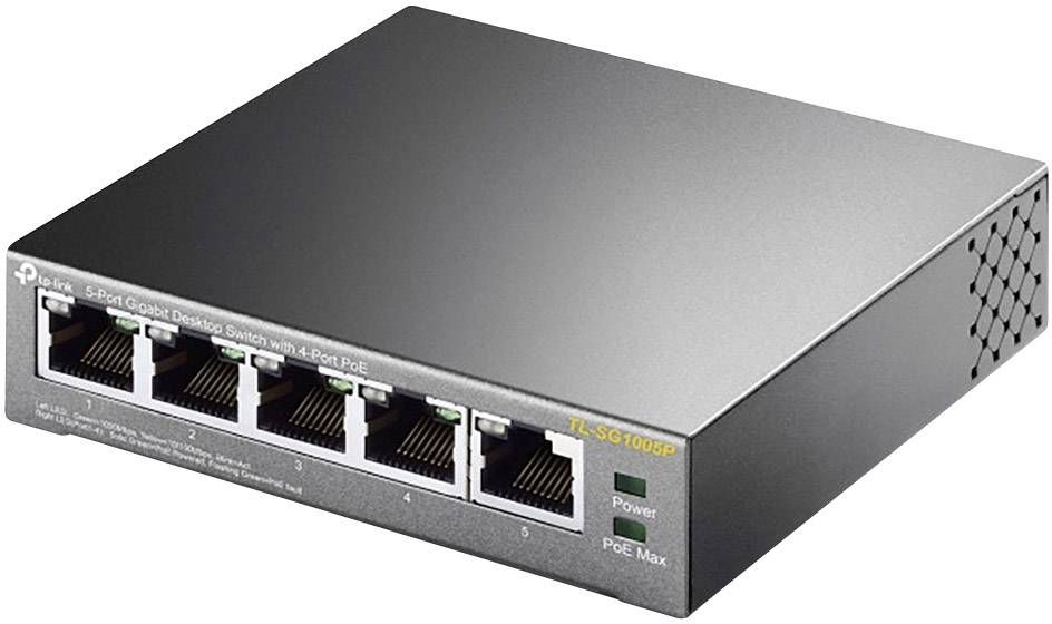 Ein 5-Port Gigabit Desktop Switch mit 4 PoE-Ports. Silbernes Gehäuse, LED-Anzeigen für Power und PoE Max, Markenlogo oben links.