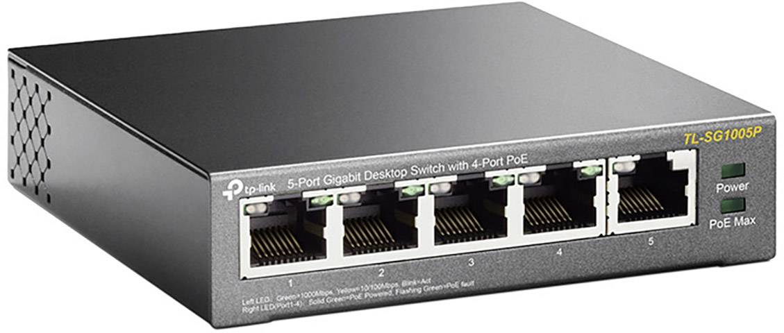 Ein 5-Port Gigabit Desktop-Switch mit 4 PoE-Ports, Modell TL-SG1005P, geeignet für kleine Netzwerke zur Verbindung mehrerer Geräte.