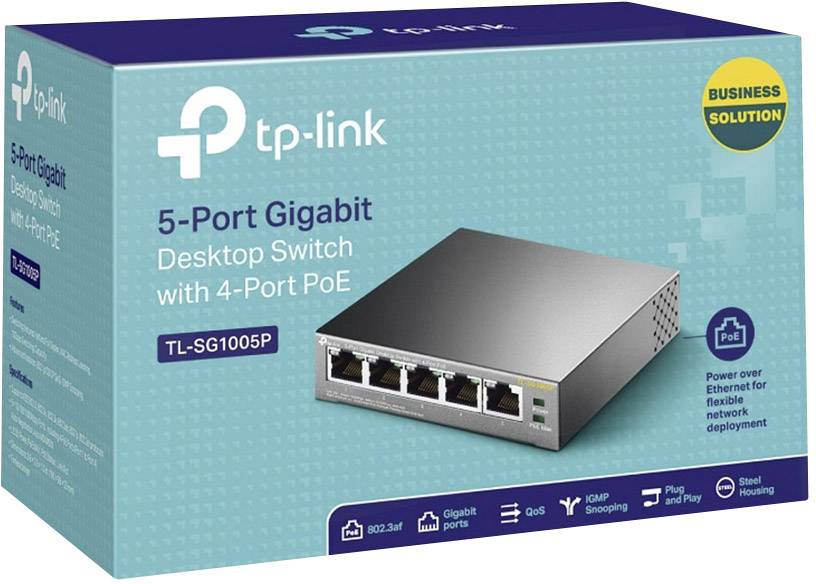 'TP-Link 5-Port Gigabit Desktop Switch mit PoE', Verpackung zeigt Produktbild und Textdetails zur Leistung, 4 PoE-Ports hervorgehoben.