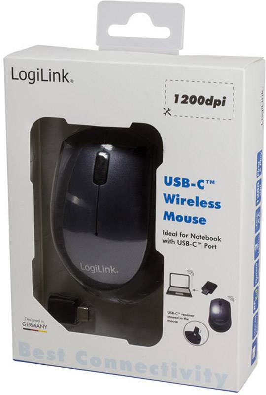 Drahtlose USB-C-Maus von LogiLink in Verpackung, ideal für Notebooks mit USB-C Port, 1200 dpi, inkl. USB-C Empfänger.
