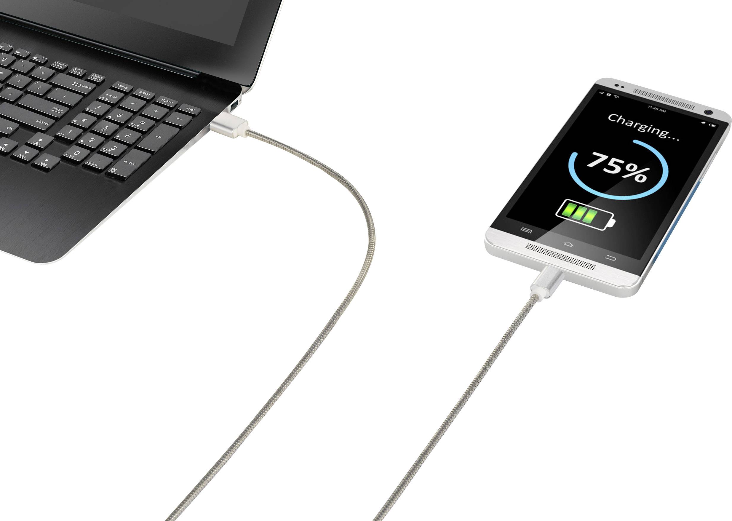 Smartphone wird über ein USB-Kabel mit einem Laptop aufgeladen. Der Bildschirm des Smartphones zeigt einen Ladezustand von 75% an.