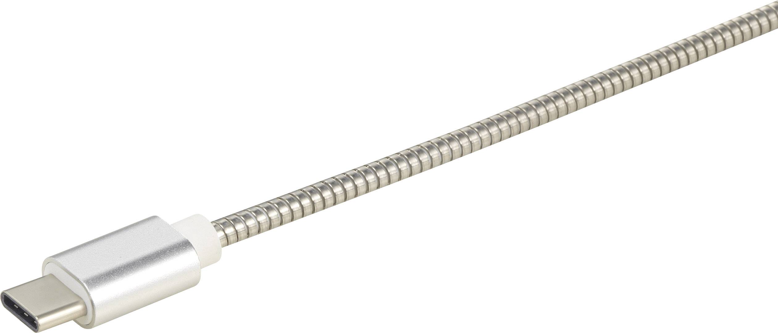 Ein USB-C-Kabel mit einem silbernen, geflochtenen Design.
