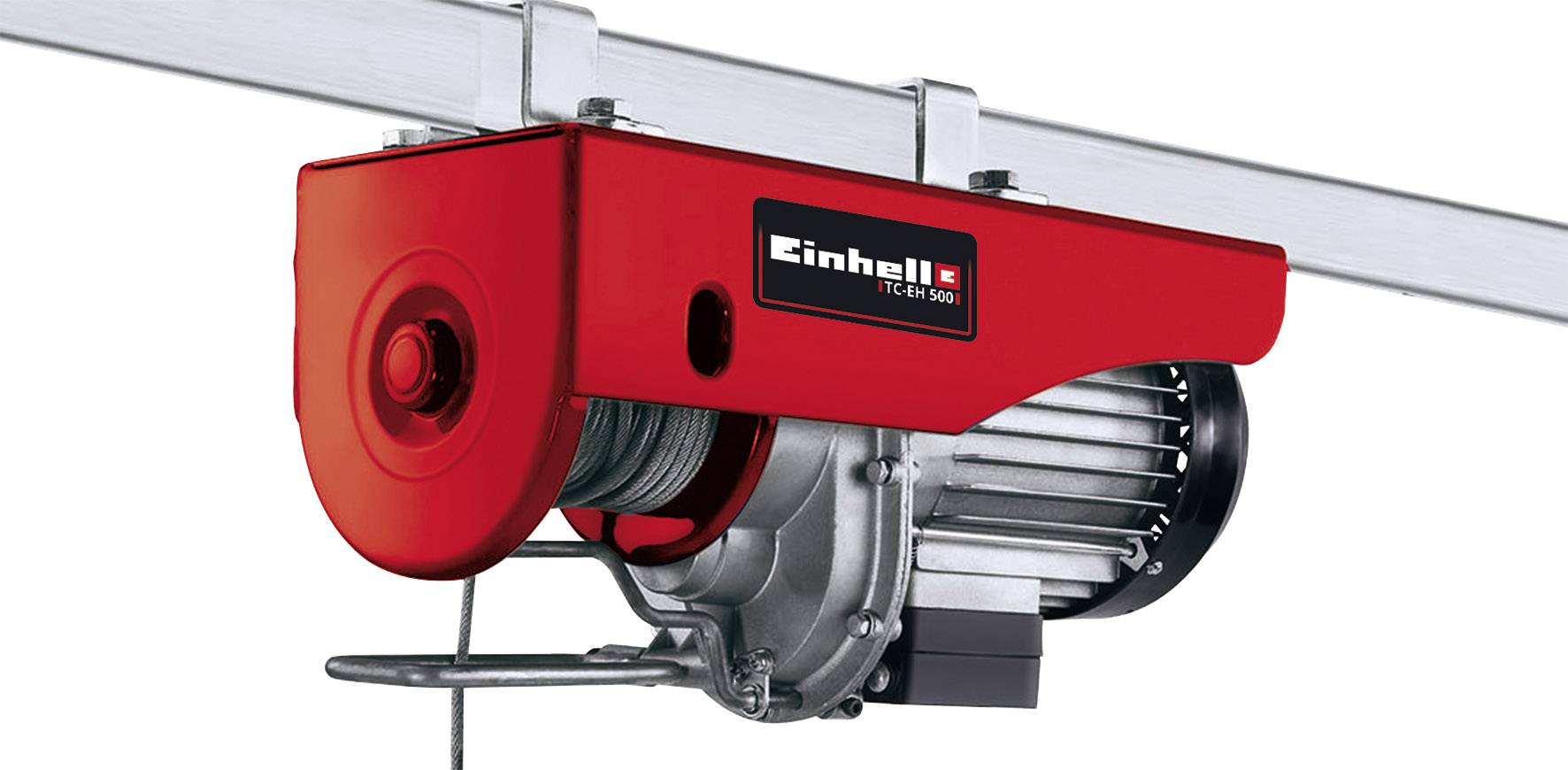 Ein roter elektrischer Seilzug mit Einhell-Logo, montiert an einer Metallhalterung. Geeignet zum Heben von Lasten in Werkstätten.