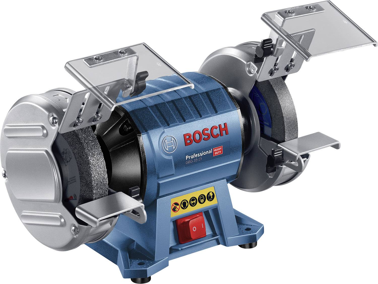 Doppelschleifmaschine mit blauem Gehäuse und zwei Schleifscheiben. Marke 'Bosch' sichtbar auf der Vorderseite.